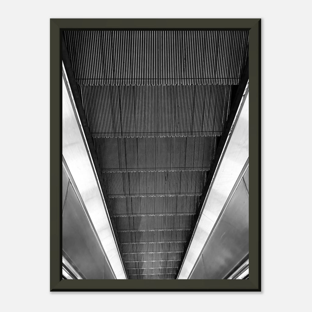 Black and white framed print of London Tube escalator abstract art from the Travel Collection, Studio Edition, by My Store.