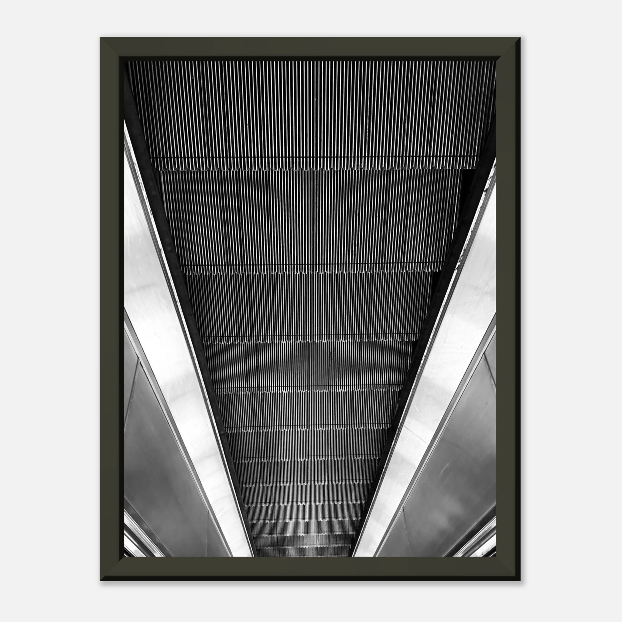Black and white framed print of London Tube escalator abstract artwork from the Travel Collection by My Store, Studio Edition.