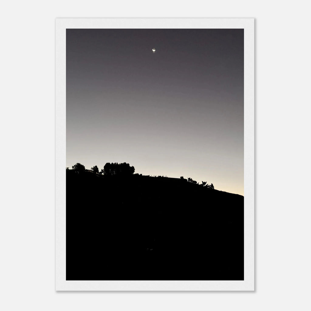 Wooden framed semi-glossy black and white Hollywood Hills fall moon poster print, California studio edition artwork.