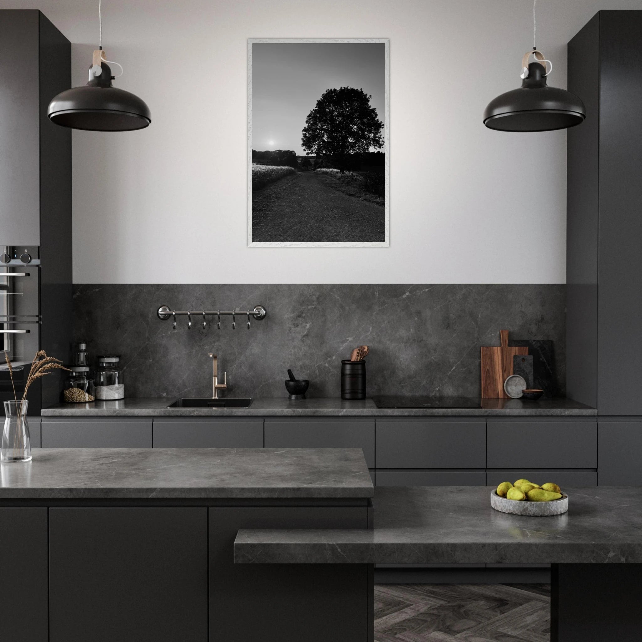 Mounted wooden framed poster of a black and white summer scene in the English Cotswolds countryside, from the Travel Collection.