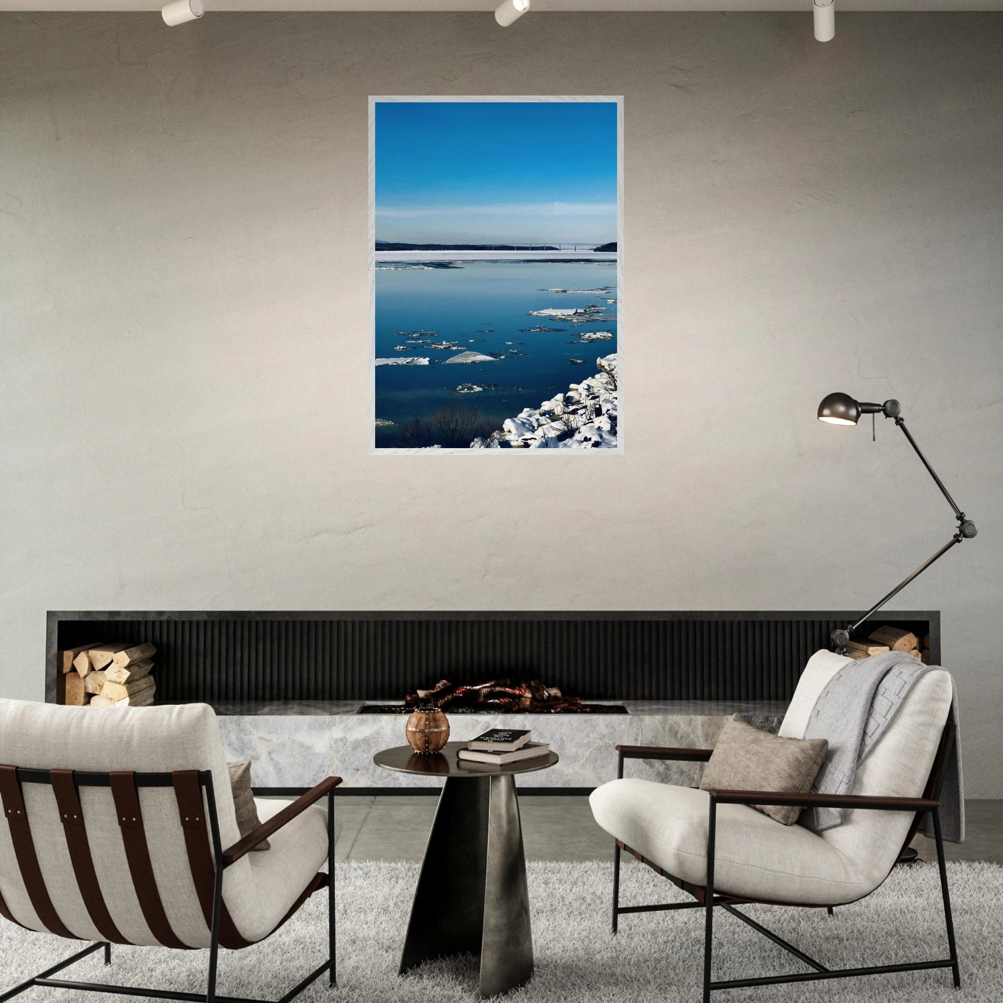 Premium wooden framed Hudson Valley winter poster print from the Travel Collection with snowy landscape and stylish wood frame.