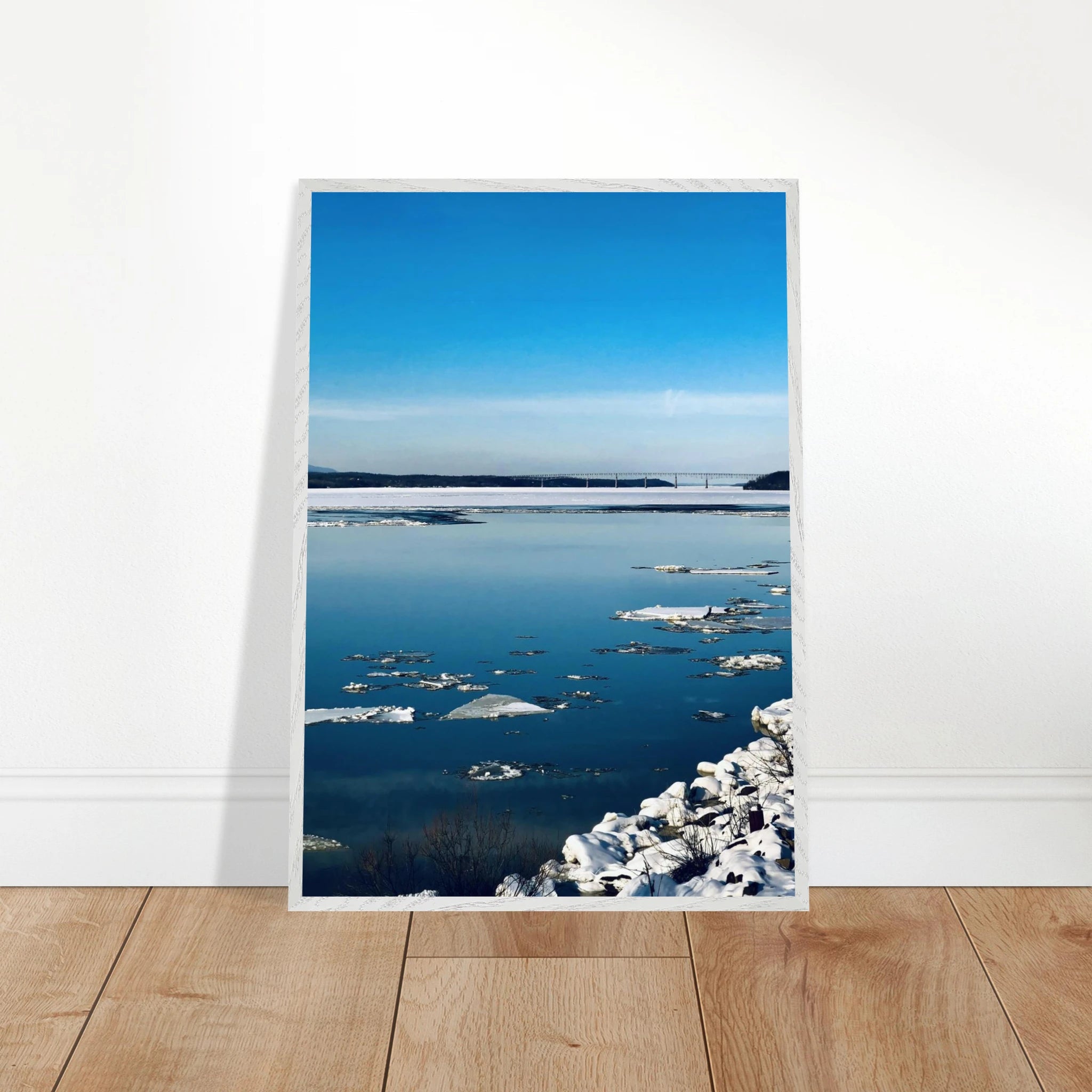 Premium wooden framed Hudson Valley winter poster print featuring snowy landscape, part of the Studio Edition holiday travel collection.