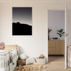 Black and white Hollywood Hills fall moon poster framed in wood, featuring California art in semi-glossy print style.