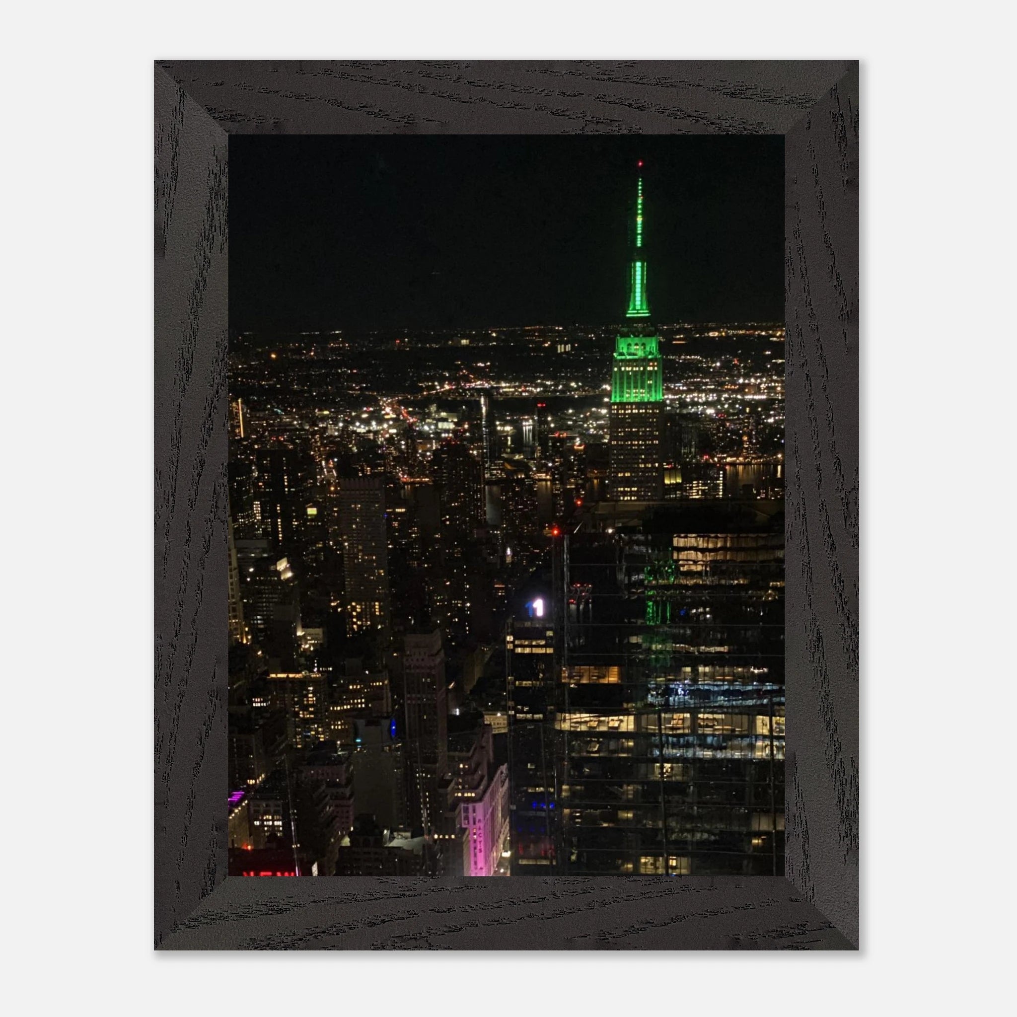 Wood mounted framed poster of NYC downtown night view with Empire State Building, part of the Travel Collection Studio Edition.