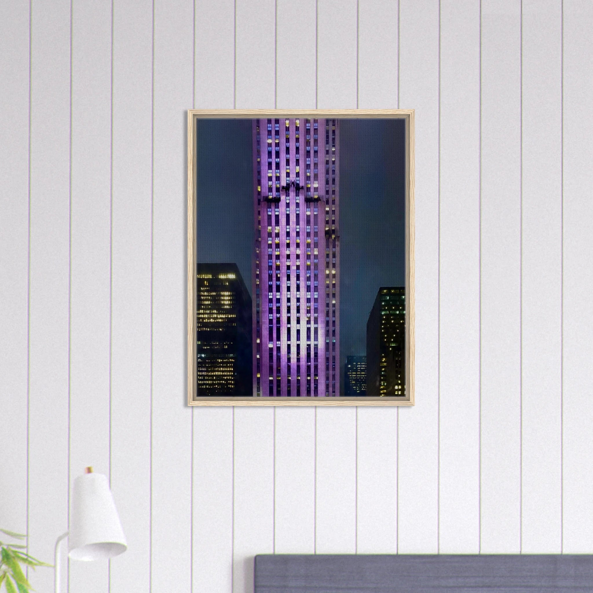Framed canvas print of NYC holiday skyline in purple hues, from My Store's Travel Collection, showcasing iconic city lights.