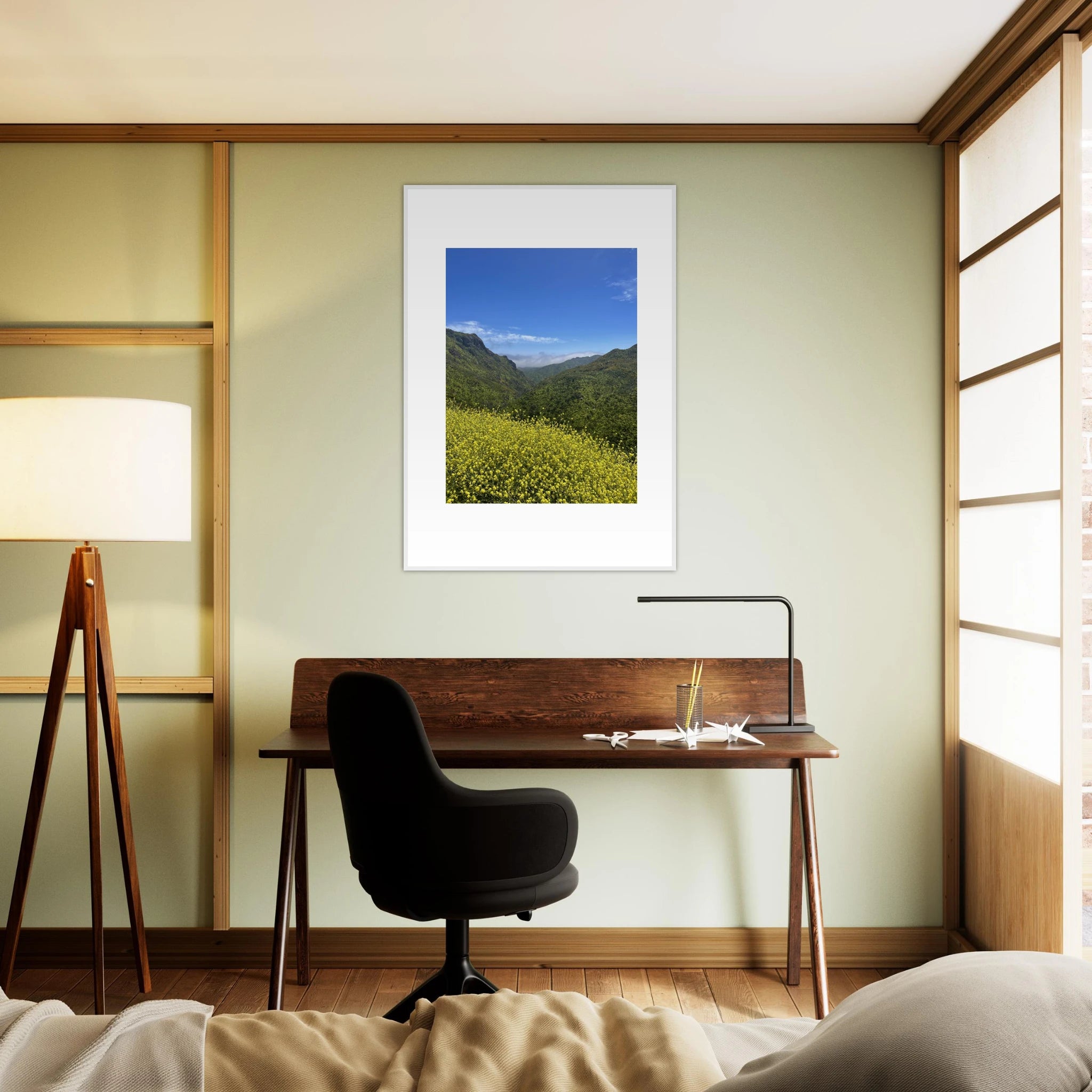 High-quality framed art print of Malibu Canyon in spring bloom wildflowers, showcasing vibrant California landscape artwork.