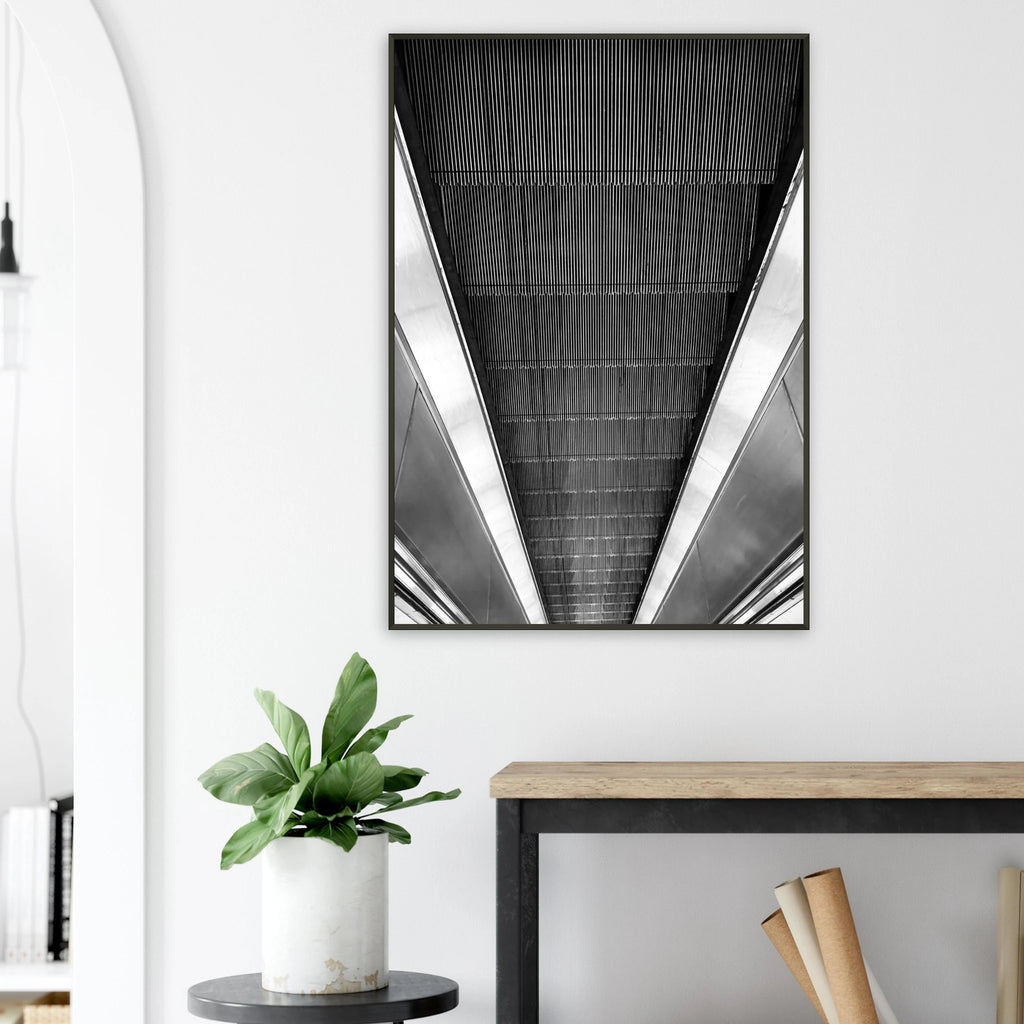 Black and white framed print of London Tube escalator abstract artwork from the Studio Edition Travel Collection.