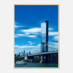Framed NYC Manhattan Bridge and East River urban photography print from the Travel Collection, Studio Edition, showcasing cityscape details.