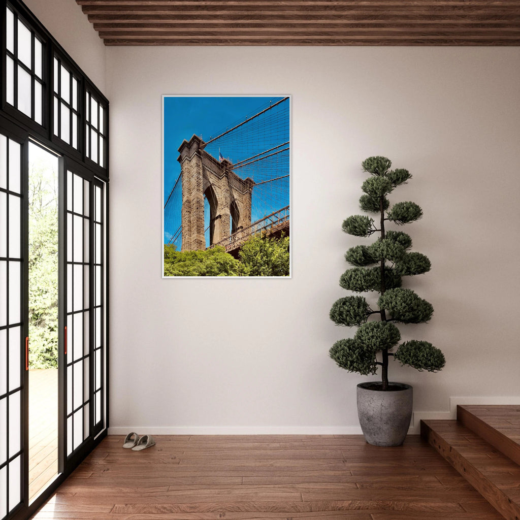Framed NYC Brooklyn Bridge poster featuring a Dumbo view, showcasing vibrant cityscape artwork from the Travel Collection.