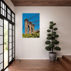 Framed NYC Brooklyn Bridge poster featuring a Dumbo view, showcasing vibrant cityscape artwork from the Travel Collection.