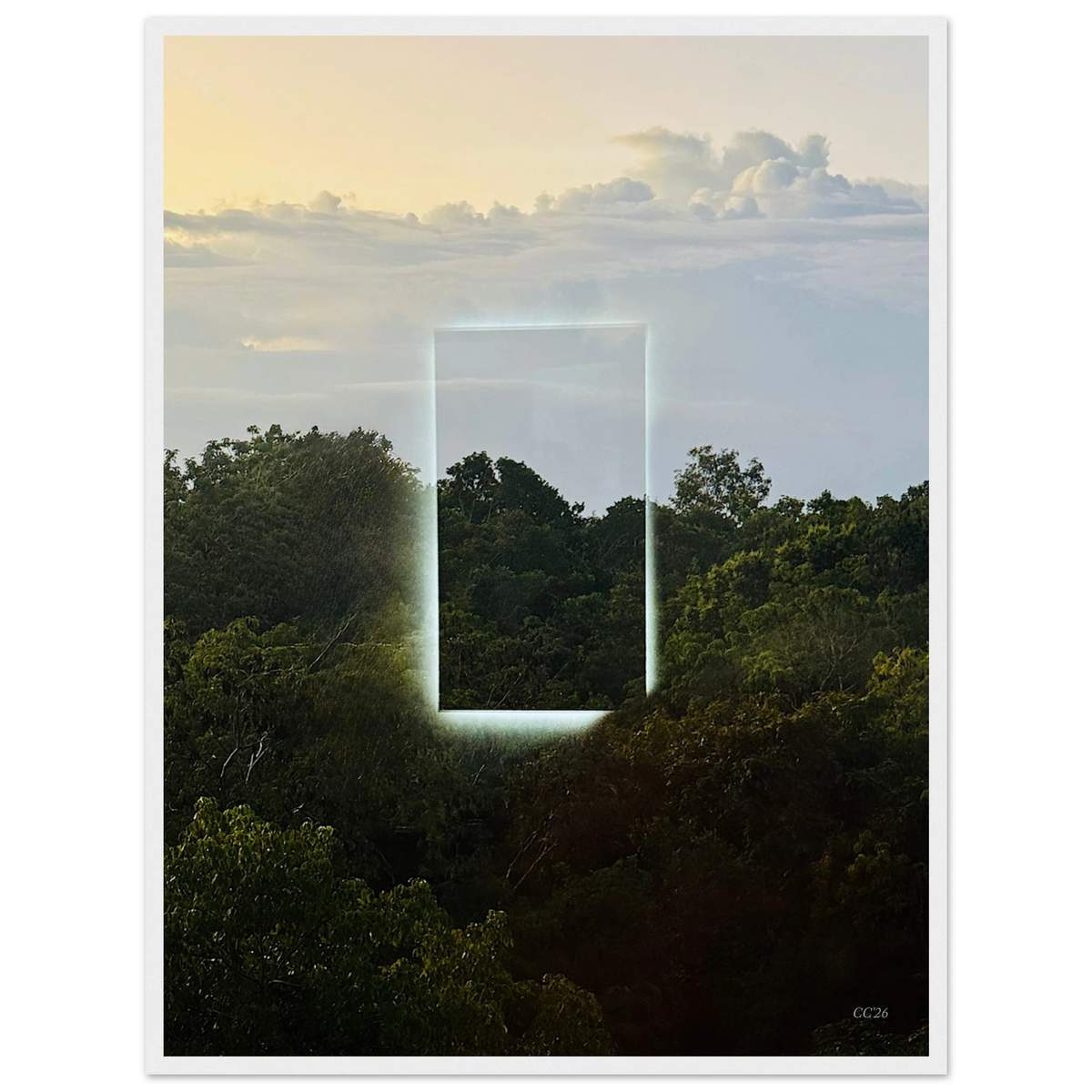 Color print titled "A Window into Jungle Stillness" by CaliCuration, showcasing a serene jungle scene in vibrant colors.