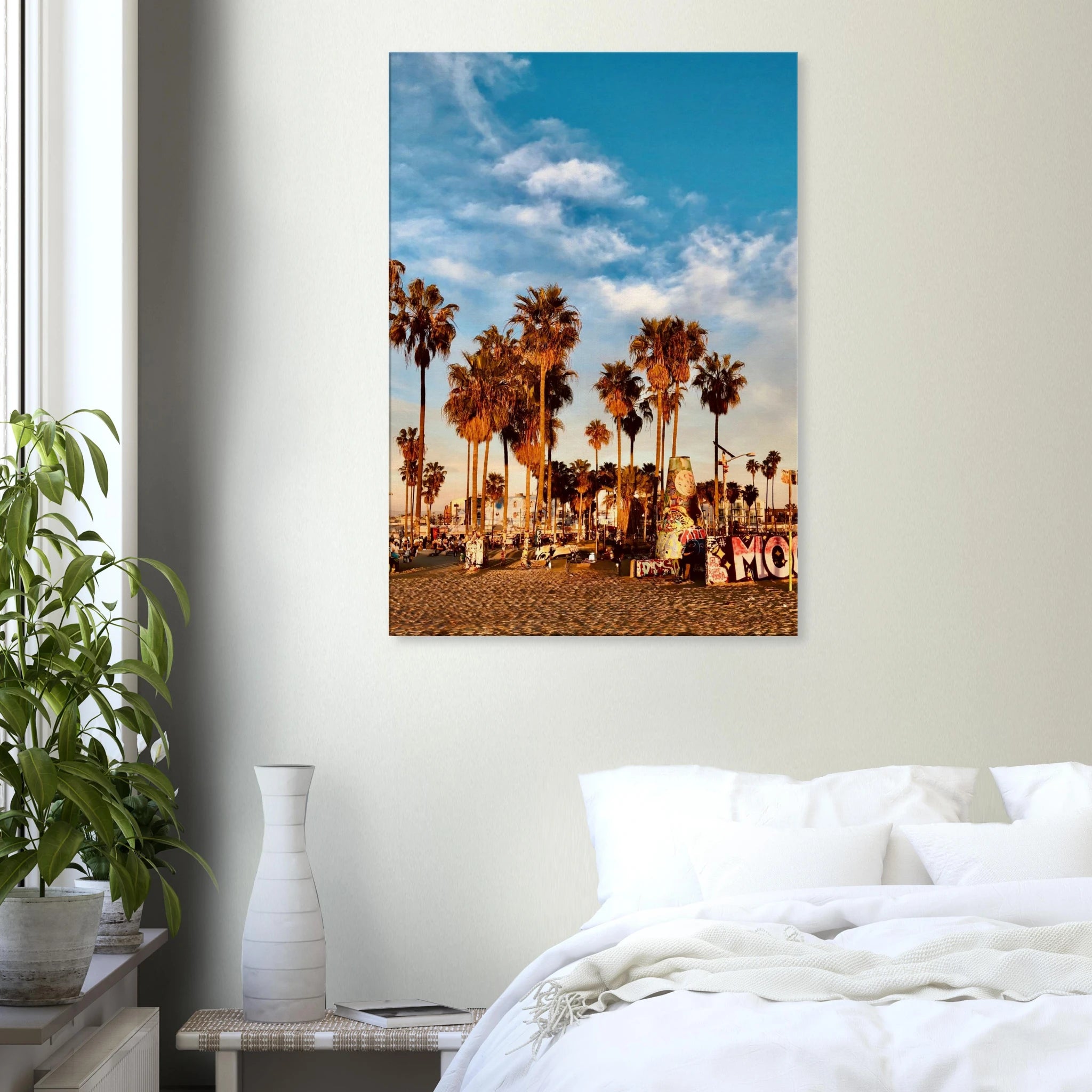 SoCal Beach canvas print featuring edgy palm trees and graffiti design, California-inspired studio edition wall art.