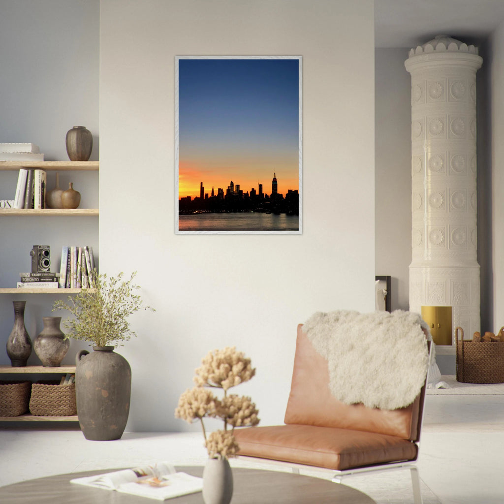 Wooden framed Manhattan skyline sunset poster featuring vibrant cityscape, ideal for home decor from the Travel Collection.