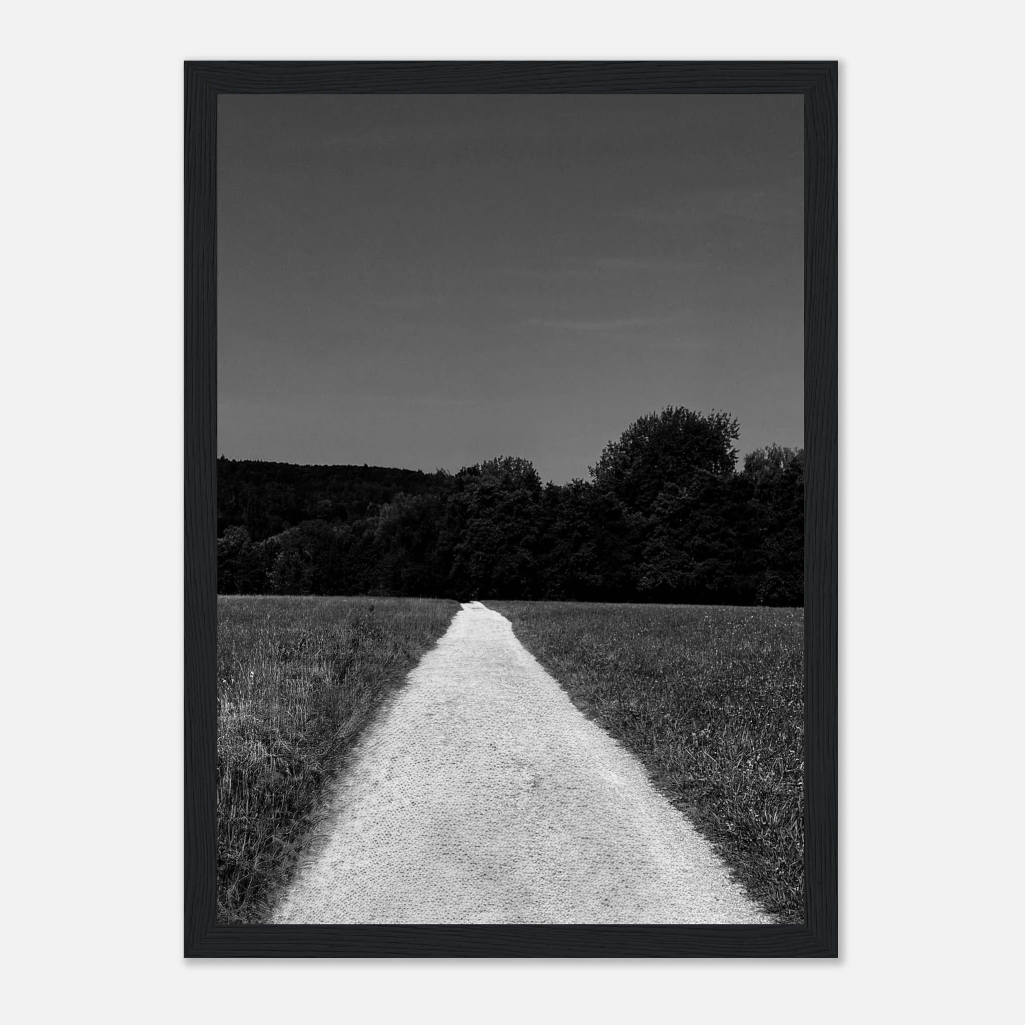Black and white framed poster print of a summer road scene from the Travel Collection, featuring a wooden frame and semi-glossy paper.