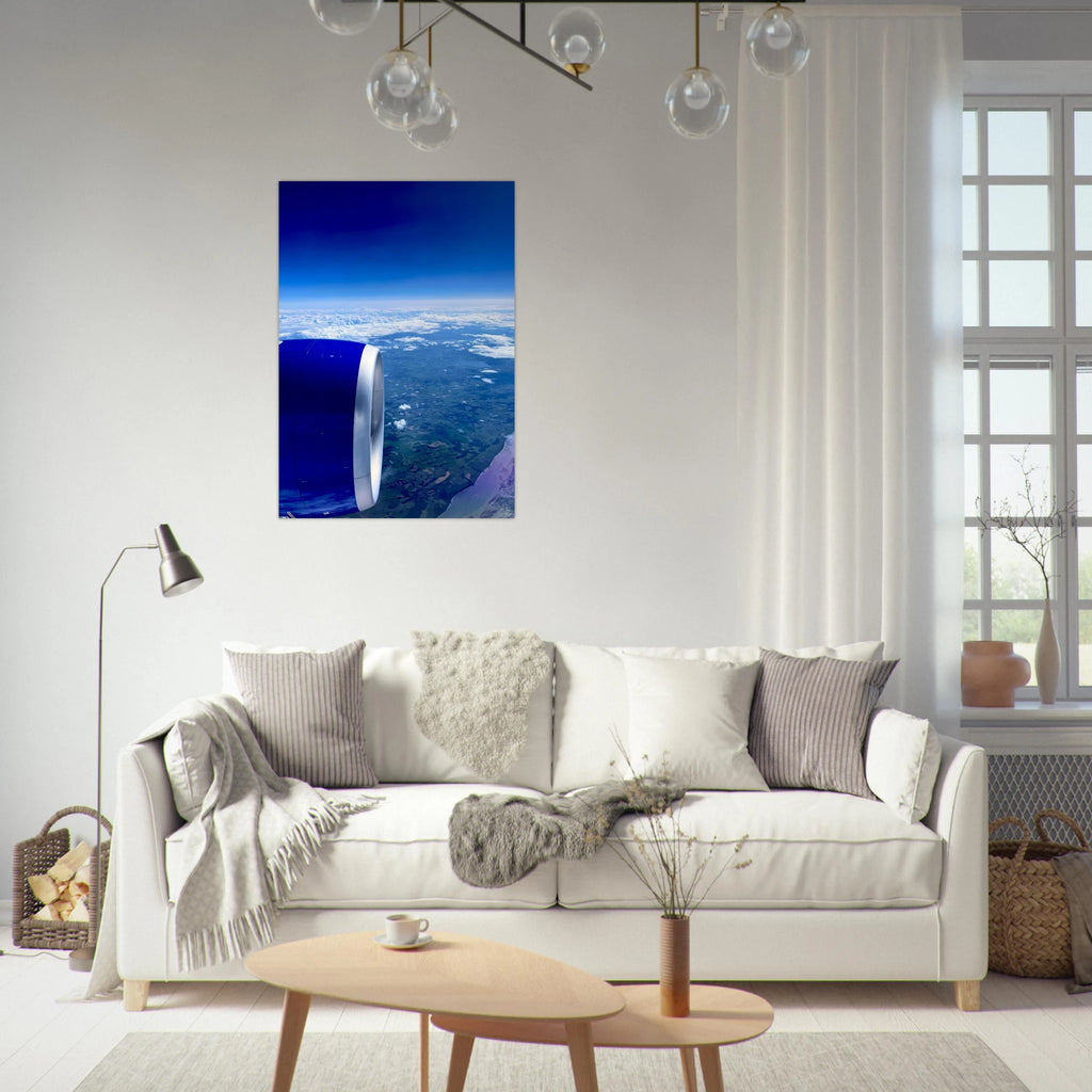 Aluminum print of an airplane turbine with cross-Atlantic view artwork, part of the travel collection studio edition.