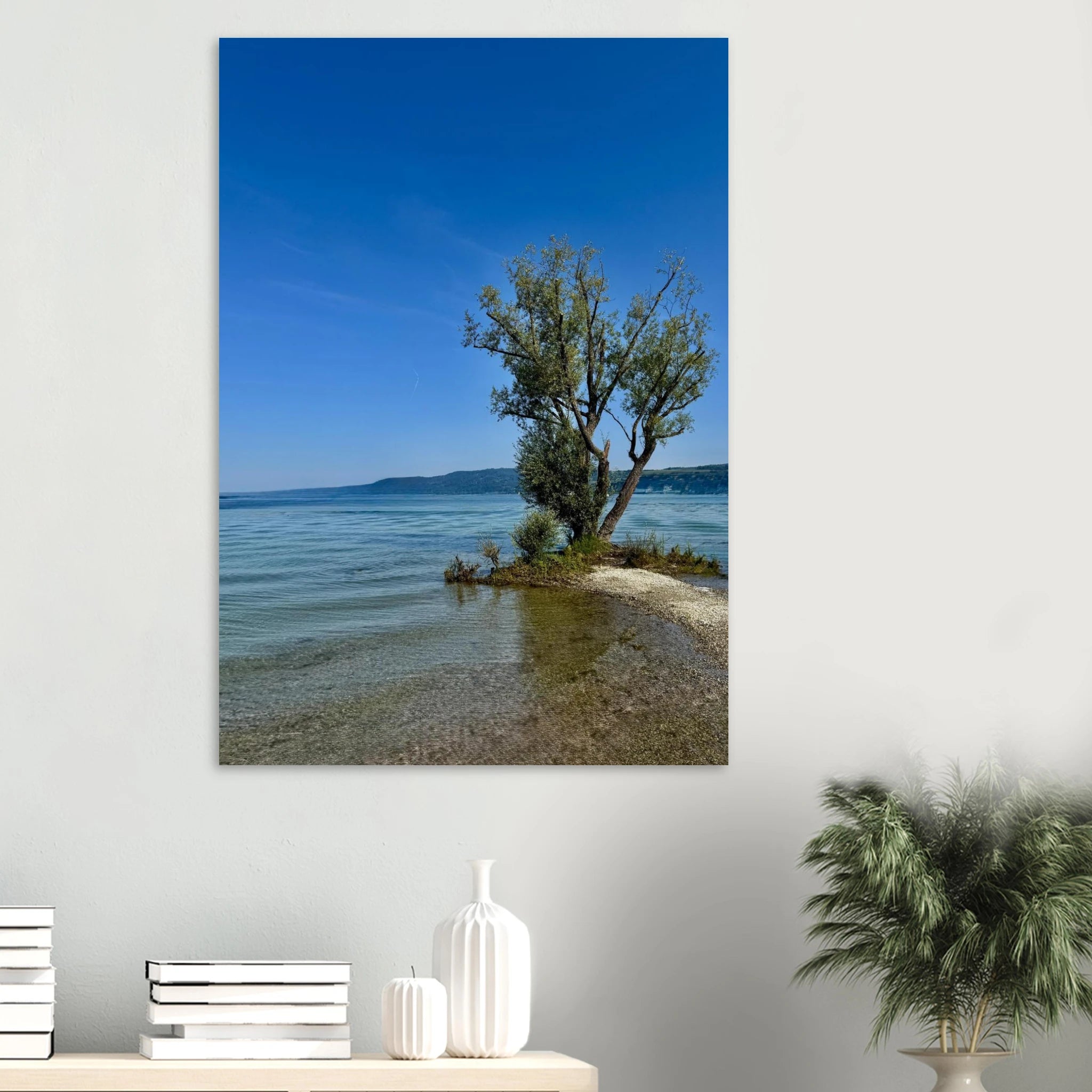 Aluminum print of a majestic tree on a European lake, nature-inspired wall art from the Travel Collection by My Store.