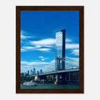 Framed NYC Manhattan Bridge and East River urban photography print, showcasing iconic cityscape and bridge details.