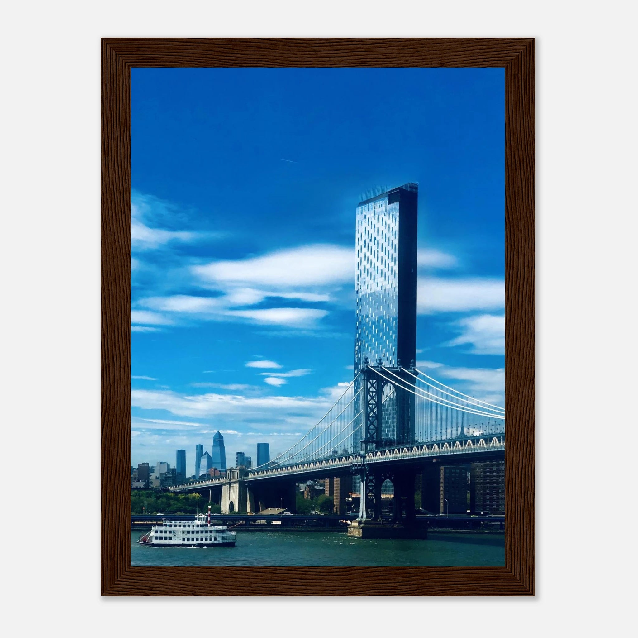 Framed NYC Manhattan Bridge and East River urban photography print in travel collection, showcasing iconic New York City scenery.