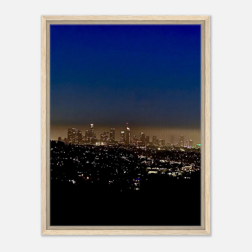 Premium wooden framed canvas print of Los Angeles Downtown Nightglow, elegant home wall art by My Store, California cityscape artwork.