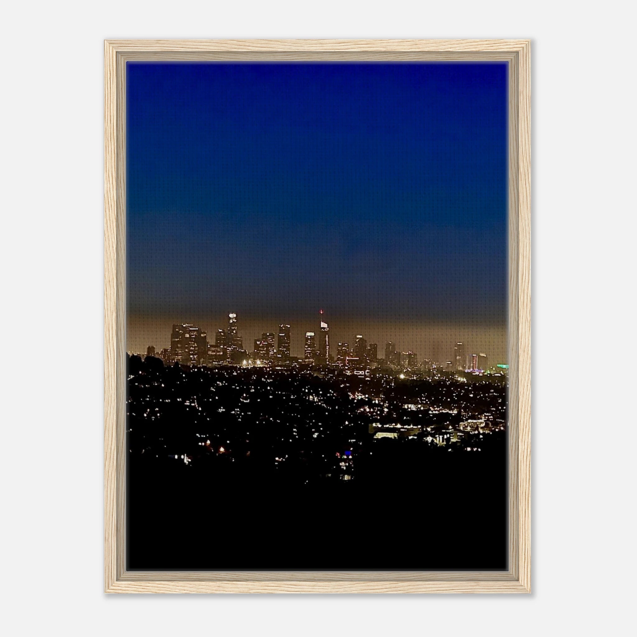 Premium wooden framed canvas print of Los Angeles Downtown Nightglow, elegant home wall art by My Store, California cityscape artwork.