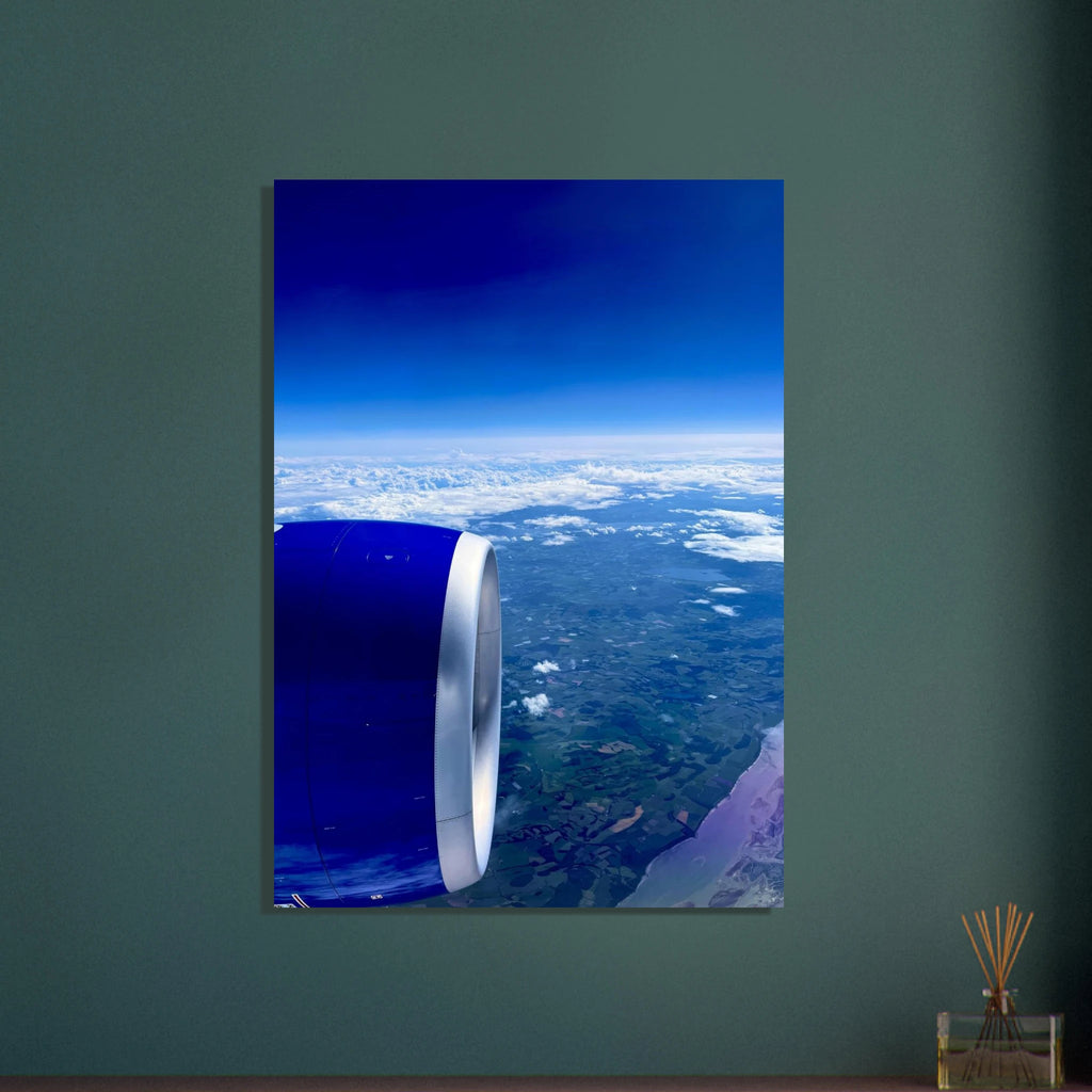 Aluminum print of an airplane turbine with a cross-Atlantic view, part of the Travel Collection, Studio Edition by My Store.