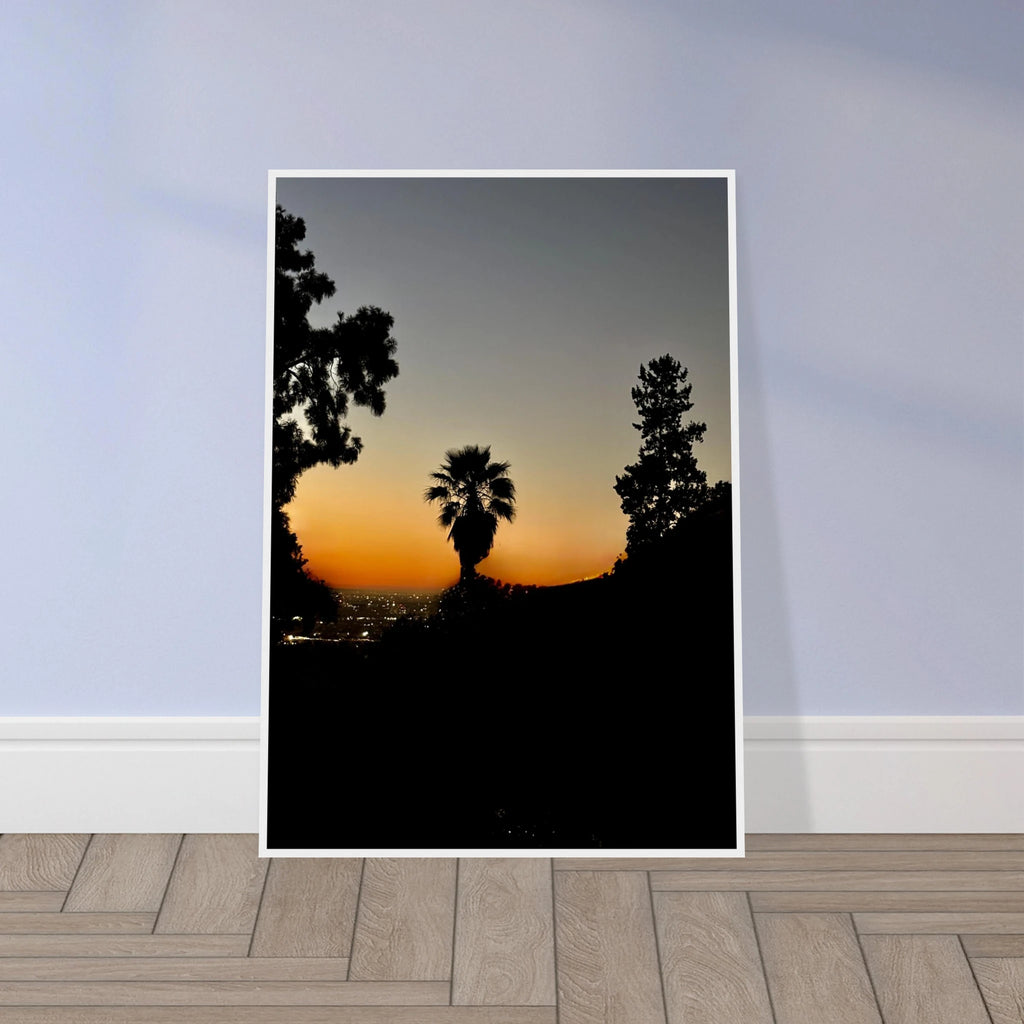 Winter Sunset Laurel Canyon Hollywood Hills framed poster print featuring California landscape art with vibrant sunset colors.