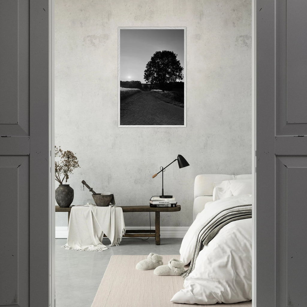 Mounted wooden framed poster featuring a black and white print of the English Cotswolds countryside, part of the Studio Edition travel collection.