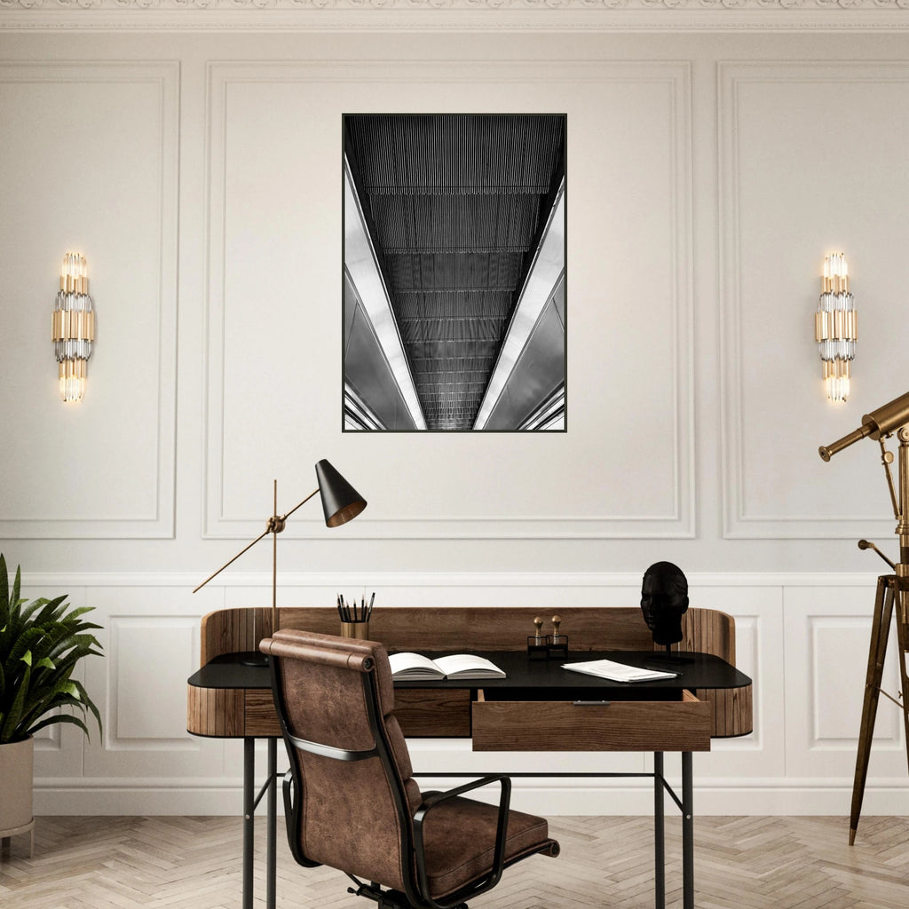 Black and white framed print of London Tube escalator abstract artwork from the Travel Collection, Studio Edition.