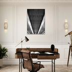 Black and white framed print of London Tube escalator abstract artwork from the Travel Collection, Studio Edition.