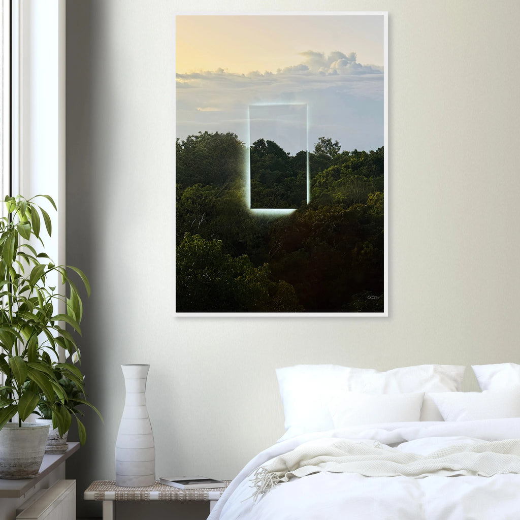 Color print titled "A Window into Jungle Stillness" by CaliCuration, showcasing a serene jungle scene in a natural, artistic style.