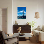 Framed NYC Manhattan Bridge and East River urban photography print, showcasing iconic New York City skyline views.