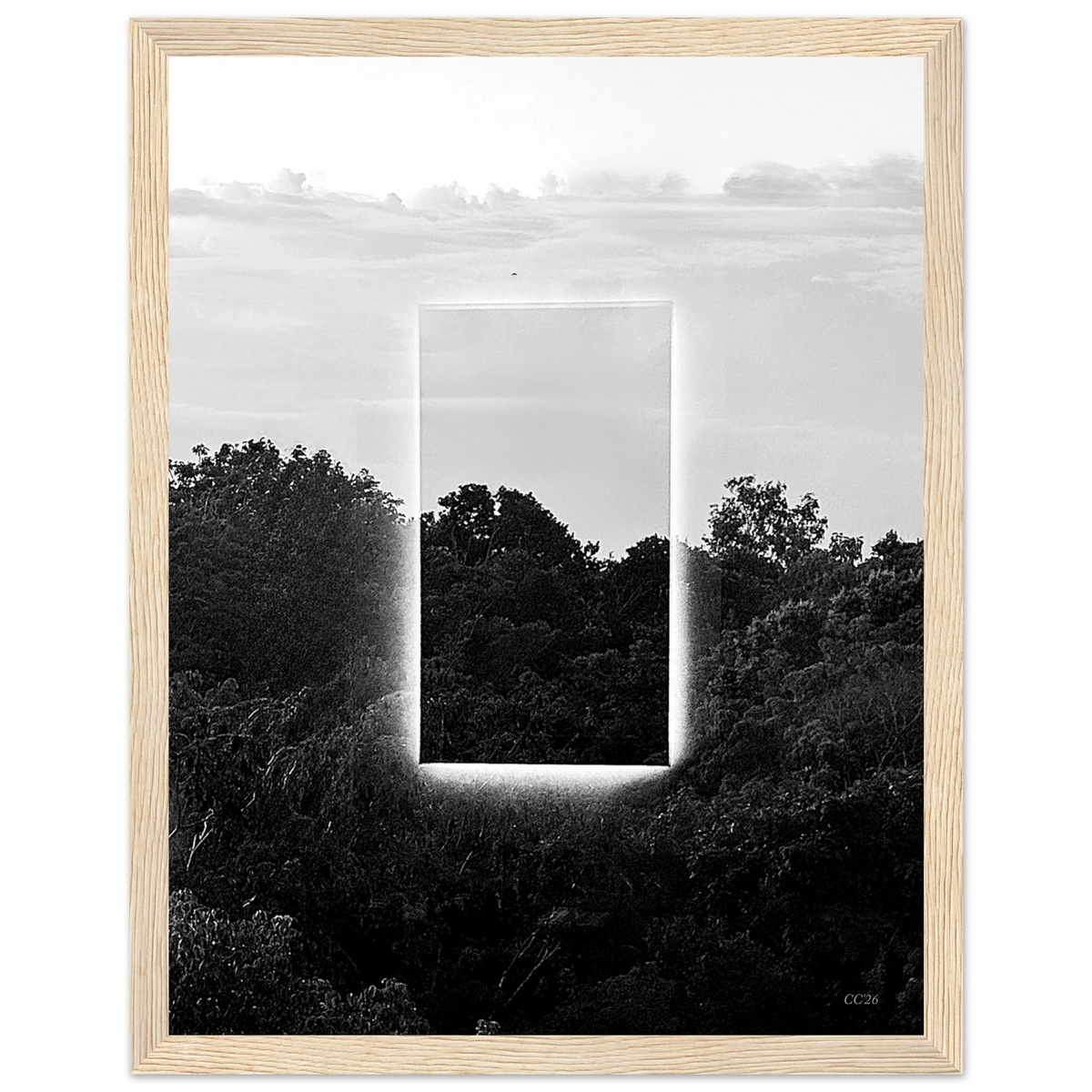 Black and white print titled "A Window into Jungle Stillness" by CaliCuration, showcasing a serene jungle scene.