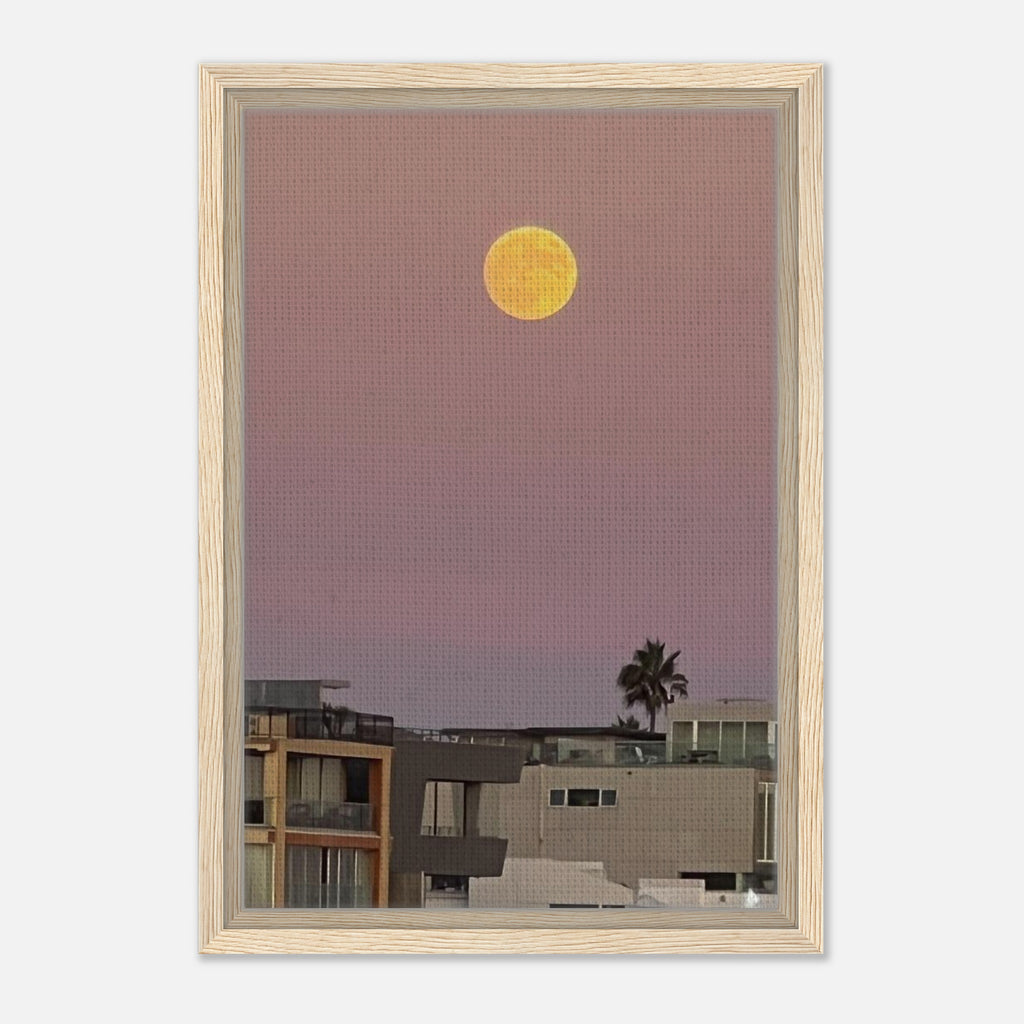 California canvas moon wall art print featuring harvest moon and beach scene, framed canvas wall hanging with moody seaside imagery.
