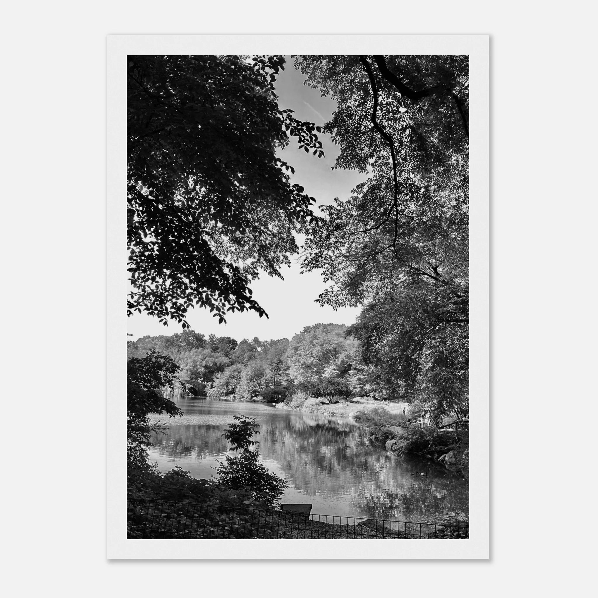 Black and white framed print of Upstate NY summer lake scene from the Studio Edition Travel Collection, perfect for home decor.