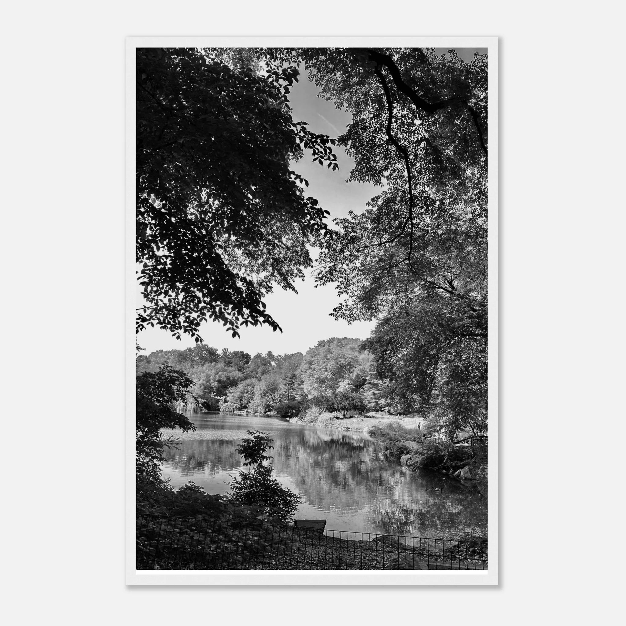 Black and white framed print of a summer lake scene from Upstate NY, part of the Studio Edition Travel Collection, perfect for home decor.