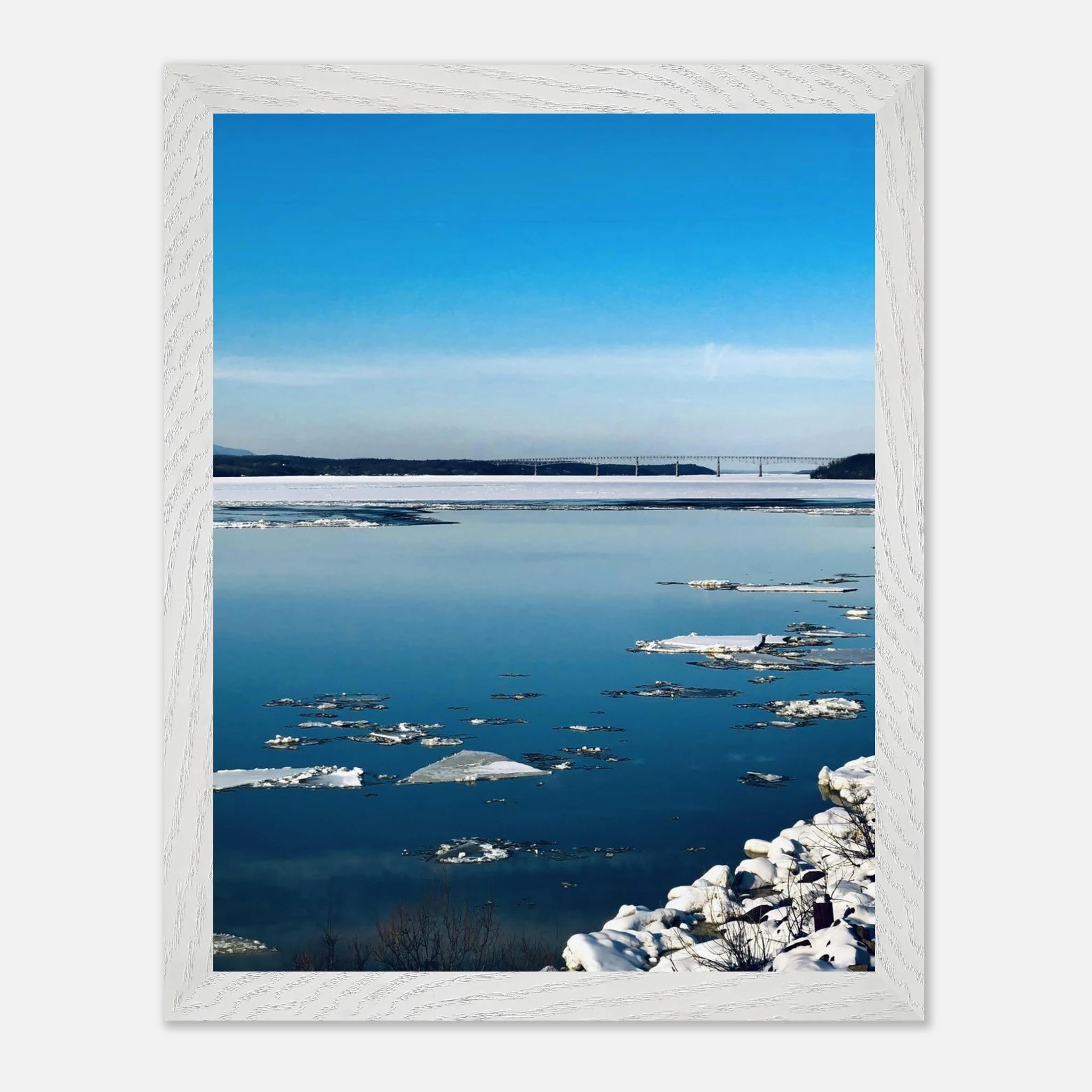 Wooden framed Hudson Valley winter poster print featuring snowy landscape, part of the Studio Edition Travel Collection.