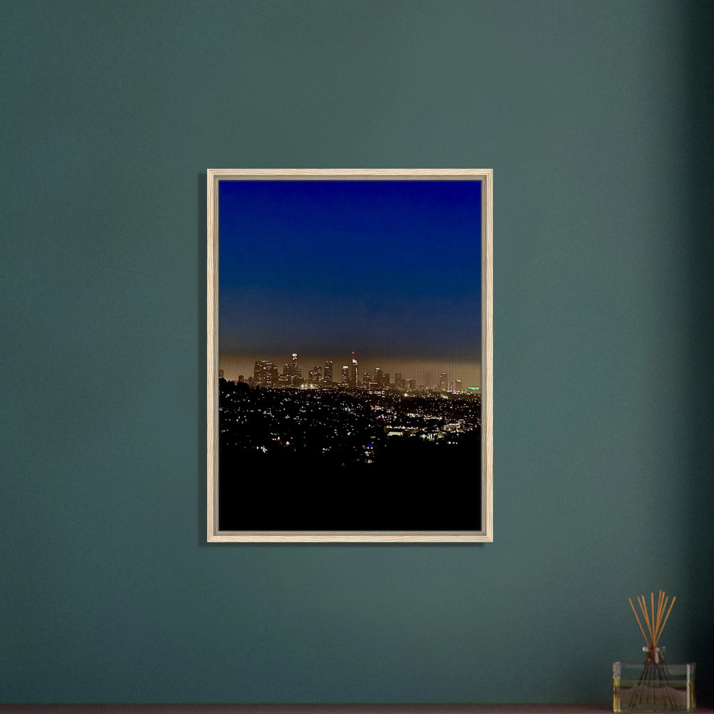 Premium wooden framed canvas print of Los Angeles Downtown Nightglow, elegant cityscape wall art for home decor.
