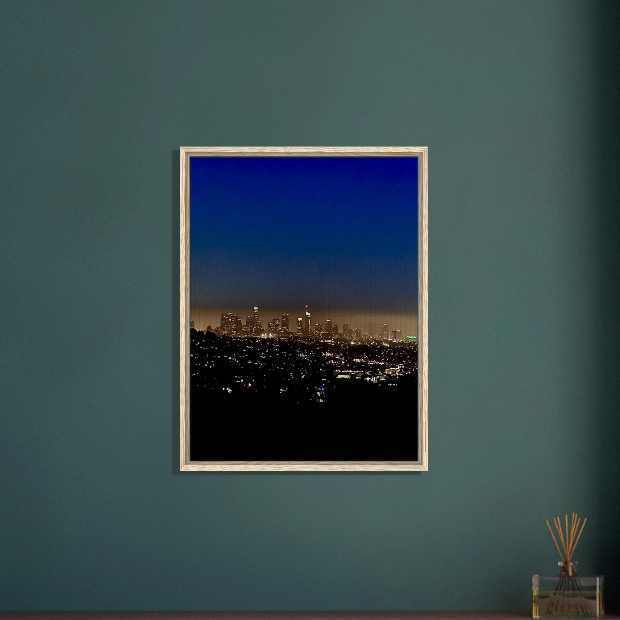 Premium wooden framed canvas print of Los Angeles Downtown Nightglow, elegant home wall art featuring vibrant cityscape in studio quality.