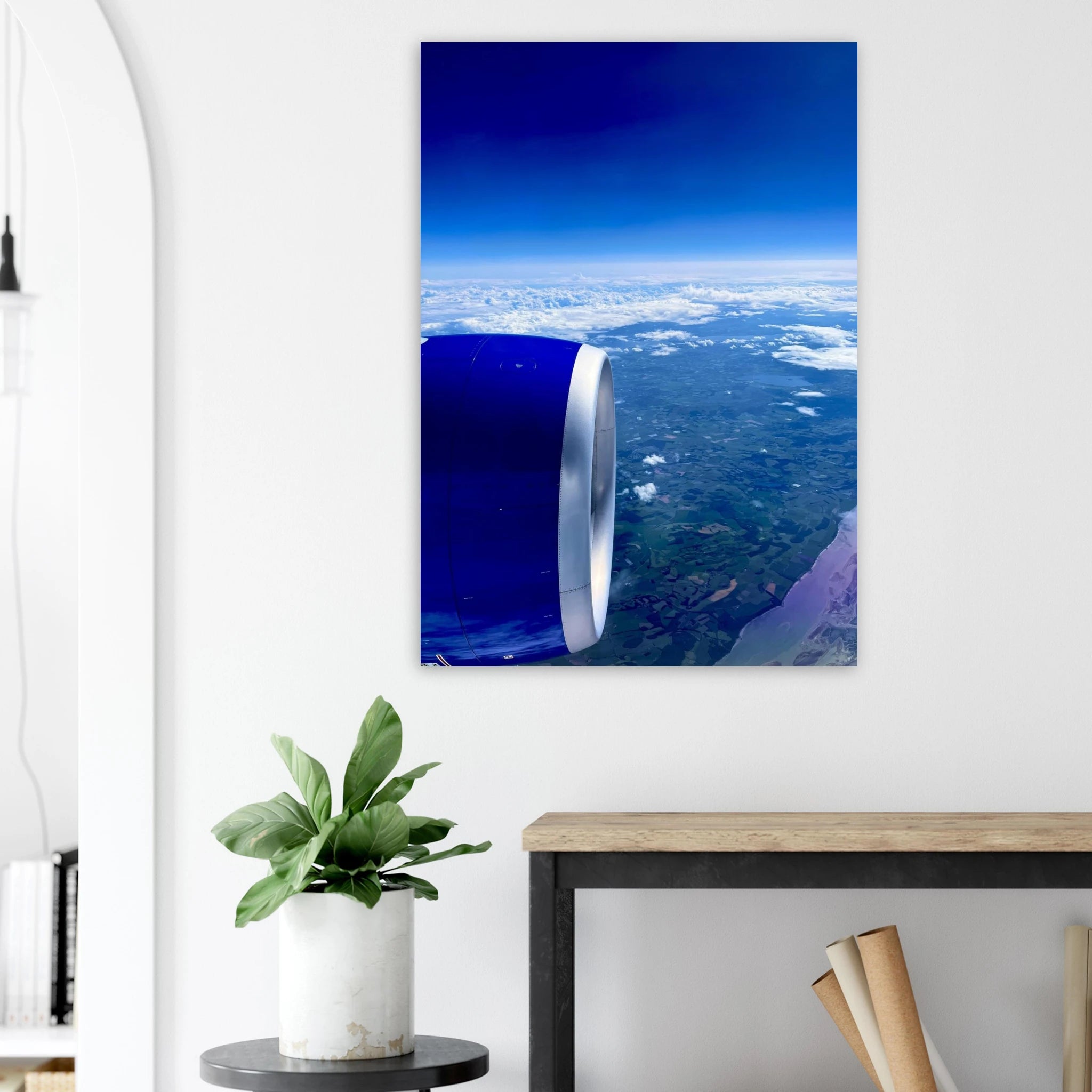 Aluminum print of a cross-Atlantic airplane turbine view, part of the Travel Collection Studio Edition by My Store.