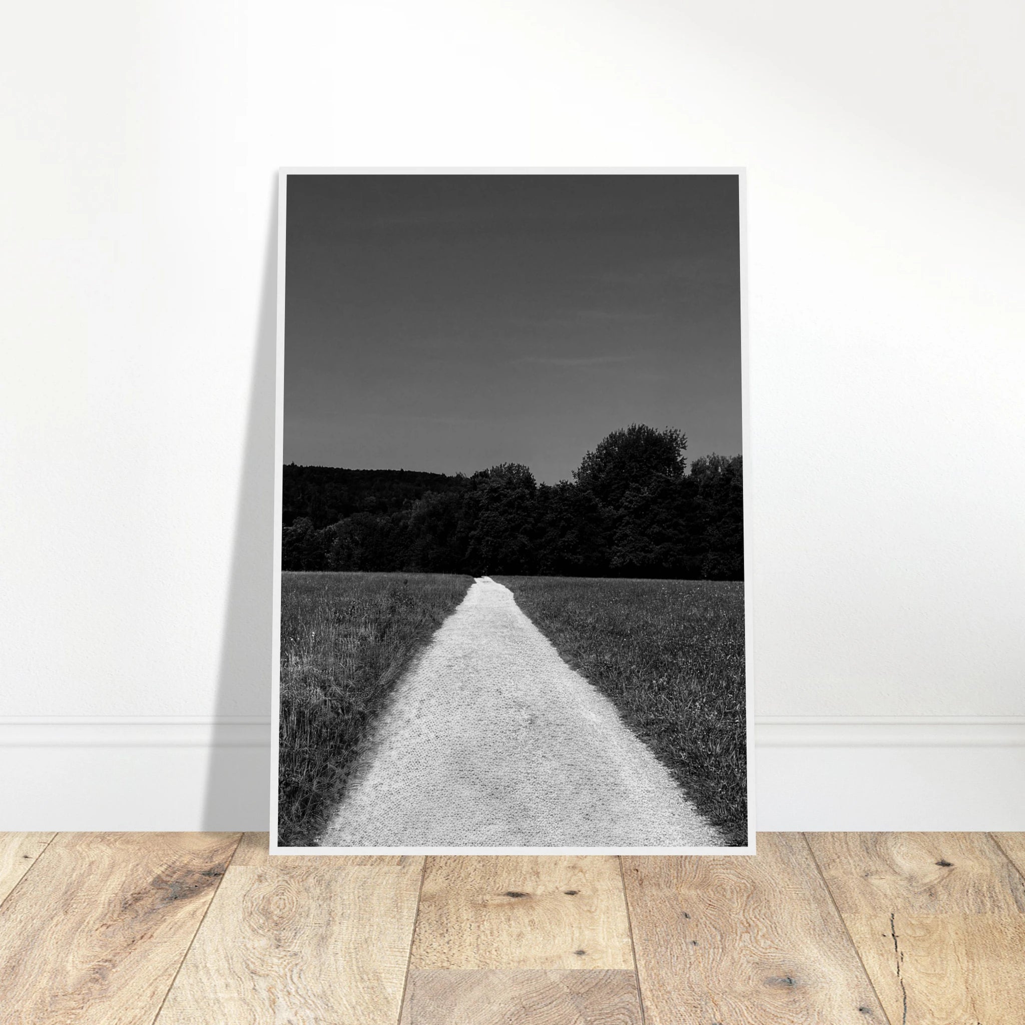 Black and white framed poster featuring a summer road scene from the Travel Collection, printed on premium semi-glossy paper.