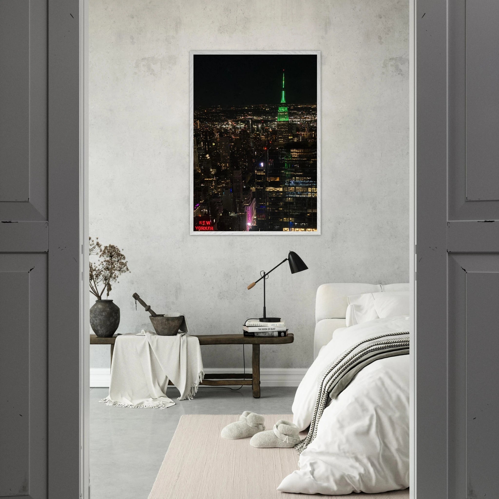 Wood-mounted framed print of NYC downtown night view featuring the Empire State Building, part of the Studio Edition travel collection.