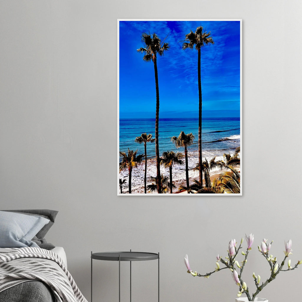 Framed Malibu Palm Tree Family art print by CaliCuration, California-themed wall decor with vibrant spring colors and detailed palm imagery.