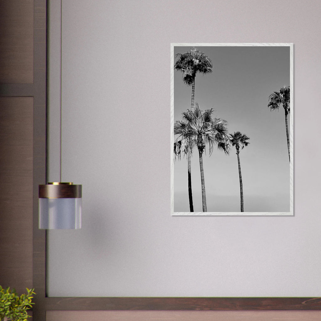 Premium wooden framed black and white California beach icons poster art with semi-glossy finish.