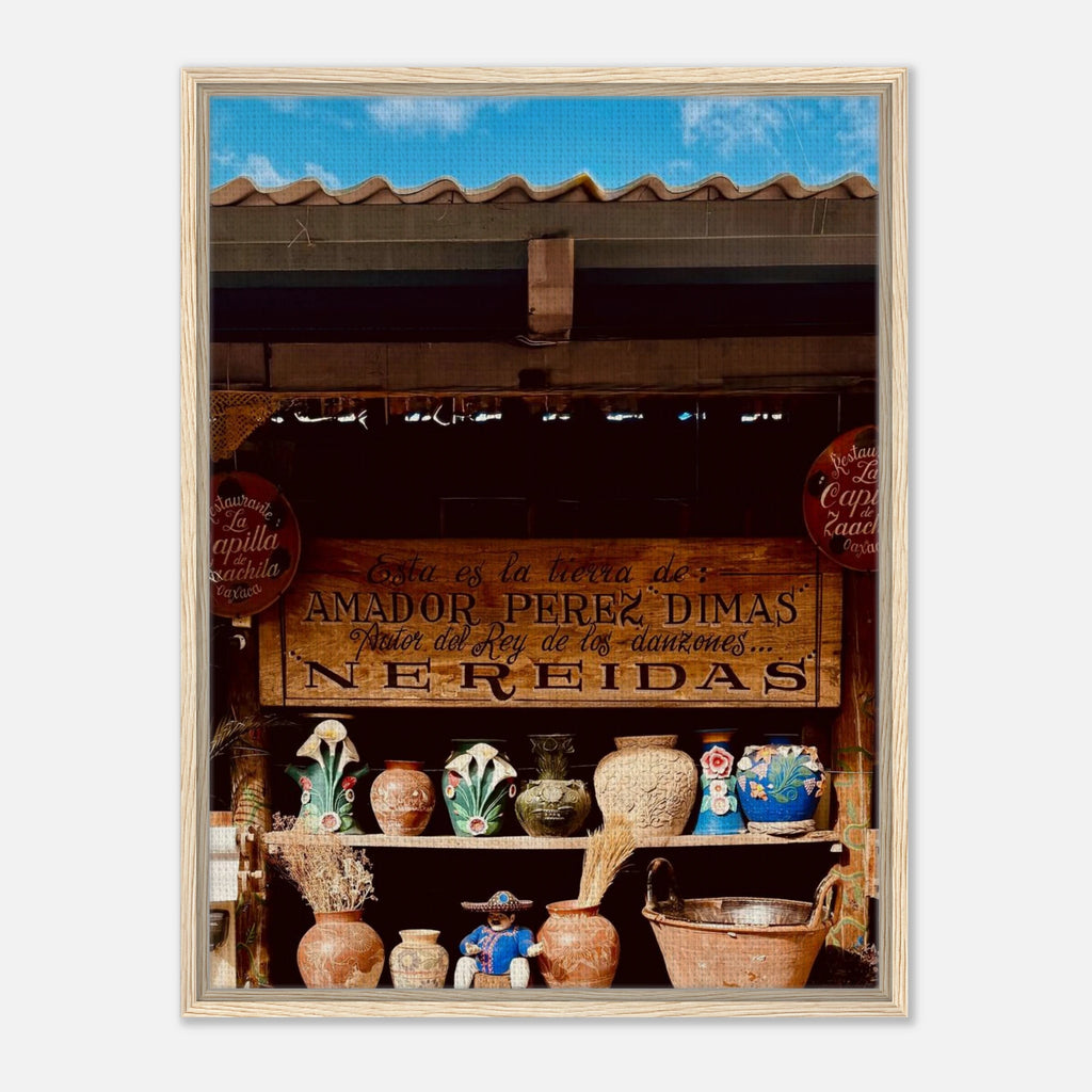 Framed canvas print of Oaxaca street fair scene from CaliCuration's Mexico Travel Collection, showcasing vibrant Mexican street life.