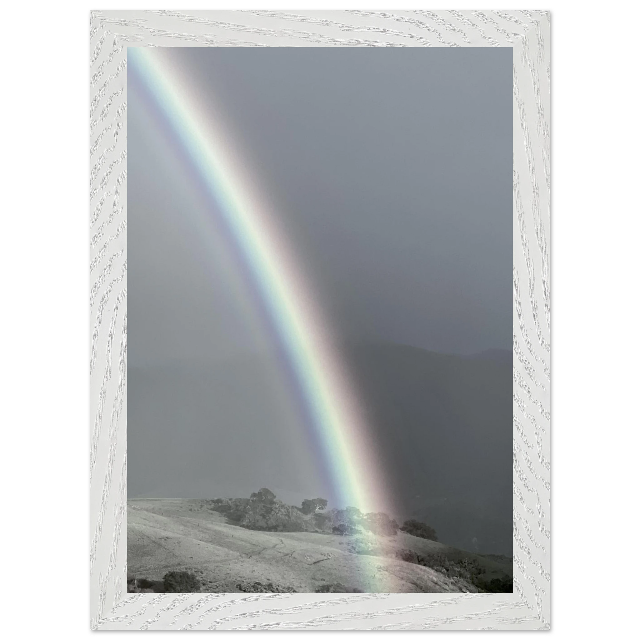 Black and white mounted framed poster of a rainbow after a summer storm from the California Central Coast travel collection, studio edition.