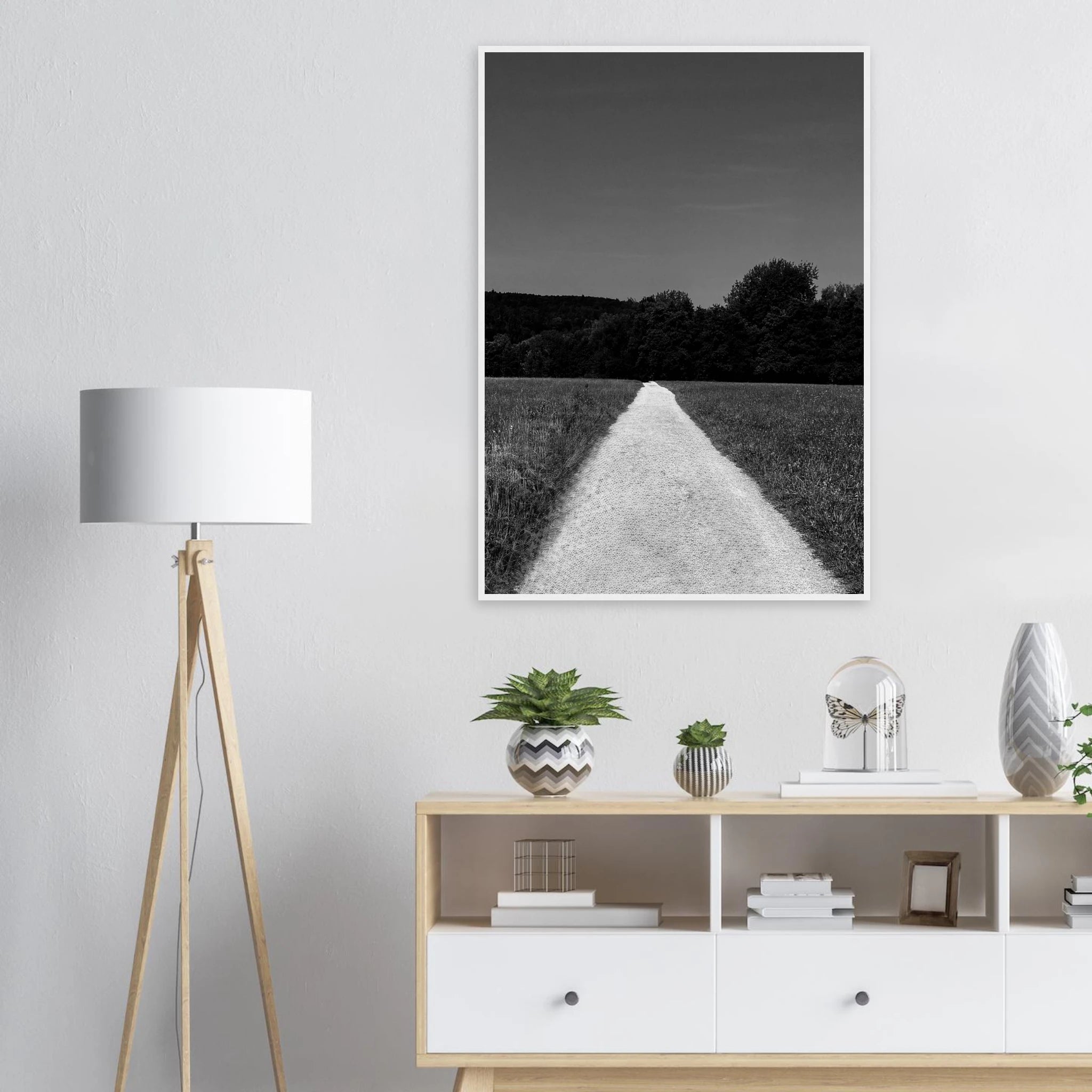 Black and white framed poster of a summer road scene from the Travel Collection, printed on premium semi-glossy paper.