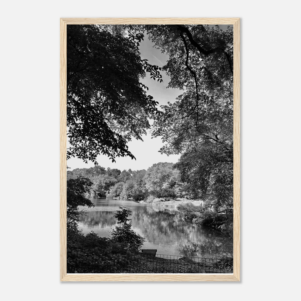 Black and white framed poster of a summer lake scene from Upstate NY, part of the Studio Edition Travel Collection.