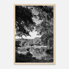 Black and white framed poster of a summer lake scene from Upstate NY, part of the Studio Edition Travel Collection.