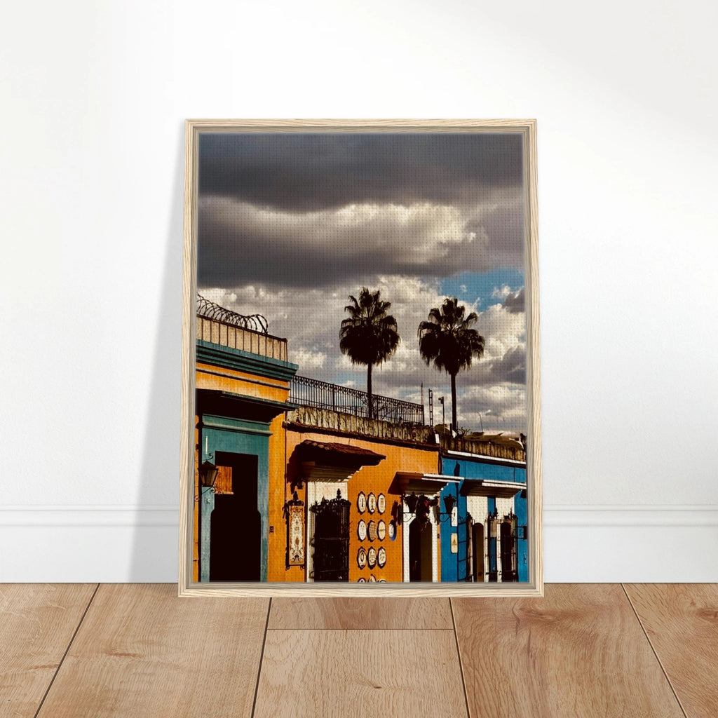 Framed canvas print of two palm trees from Mexico Oaxaca travel collection by CaliCuration, showcasing vibrant tropical scenery.