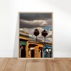 Framed canvas print of two palm trees from Mexico Oaxaca travel collection by CaliCuration, showcasing vibrant tropical scenery.